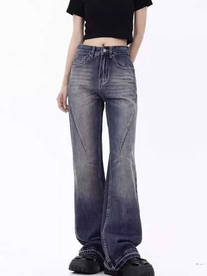 Amy Fashion - Retro Blue Slim Fit Micro Flare Spring And Autumn Loose Spliced Lines Drop Feel Trendy Jean