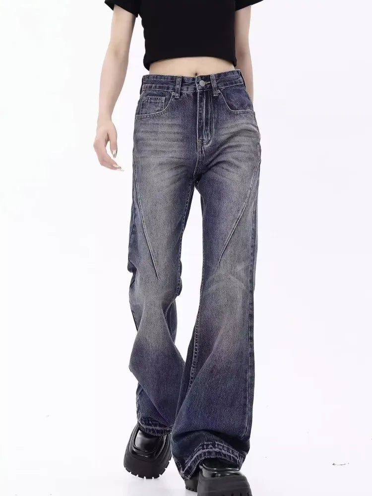 Amy Fashion - Retro Blue Slim Fit Micro Flare Spring And Autumn Loose Spliced Lines Drop Feel Trendy Jean