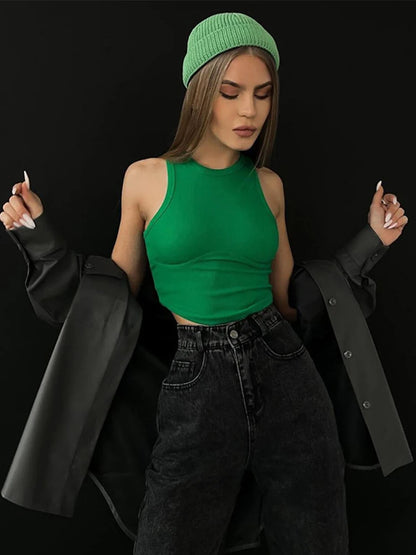 AMY FASHION - Ribbed Solid Skinny Sleeveless Body-Shaping Streetwear Crop Top