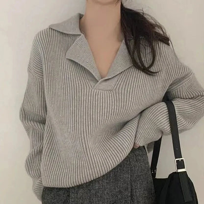 Korean Fashion Loose V Neck Long Sleeve All Match Warm Sweater