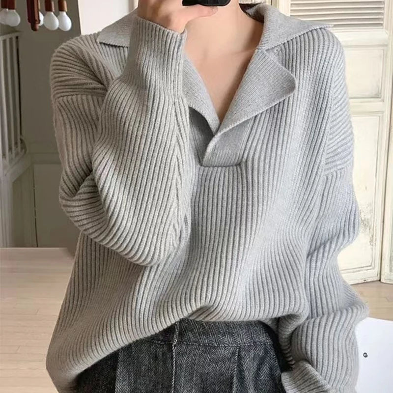 Korean Fashion Loose V Neck Long Sleeve All Match Warm Sweater