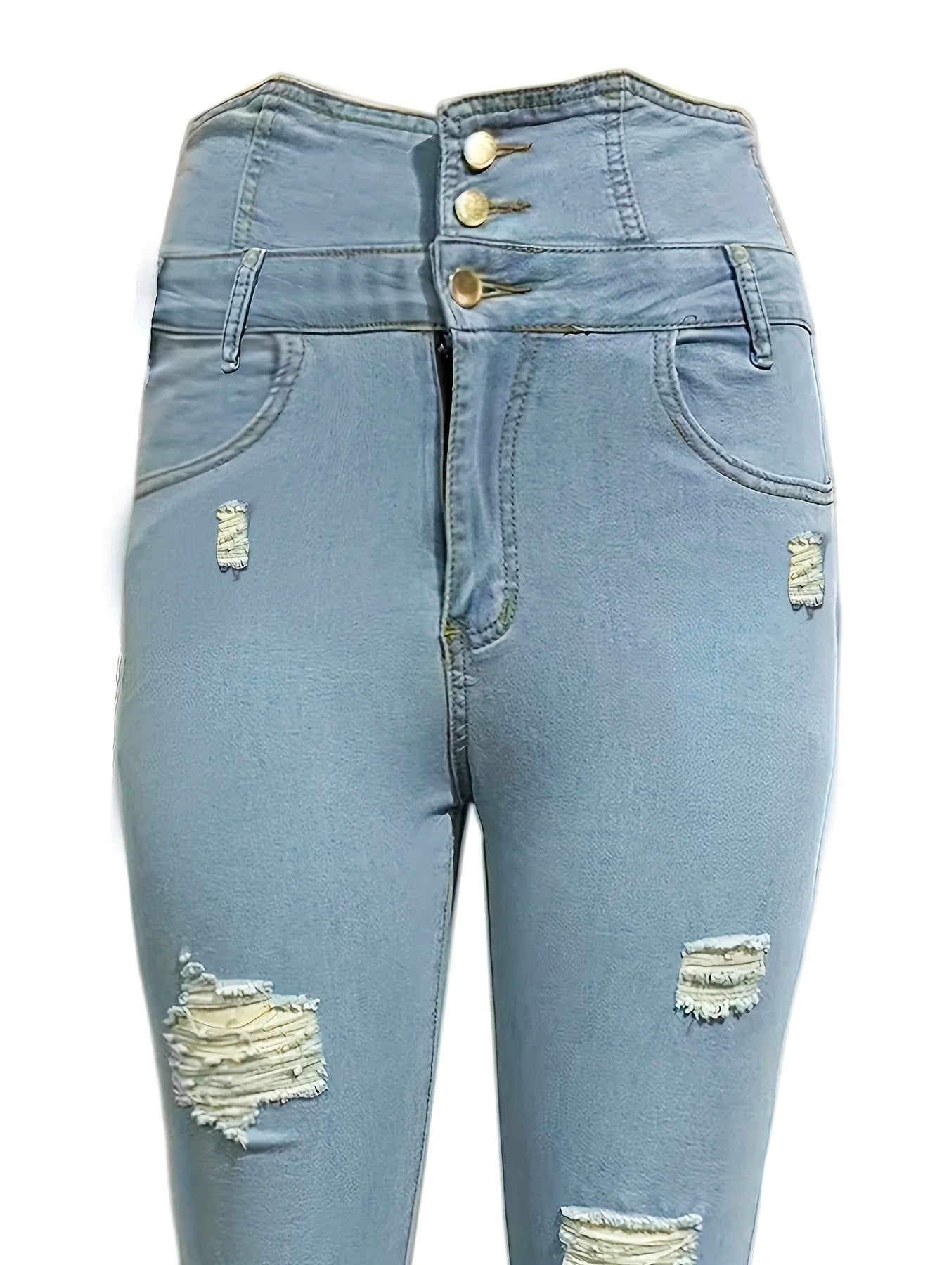 Amy Fashion - Ripped Holes Casual Skinny Autumn Slash Pockets Distressed Single-Breasted Button High Waist Denim Jean