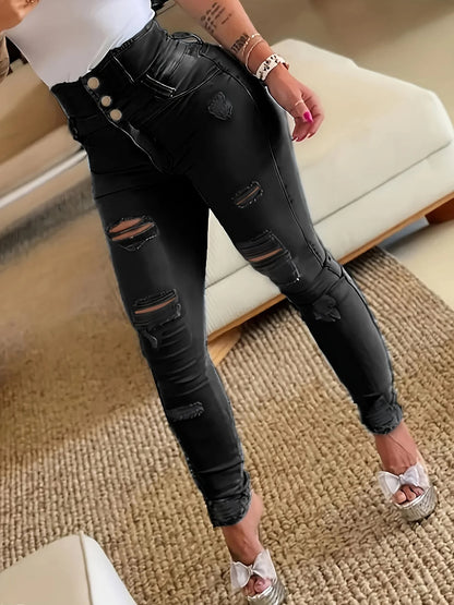 Amy Fashion - Ripped Holes Casual Skinny Slash Pockets Distressed Single-Breasted Button High Waist Denim Jean