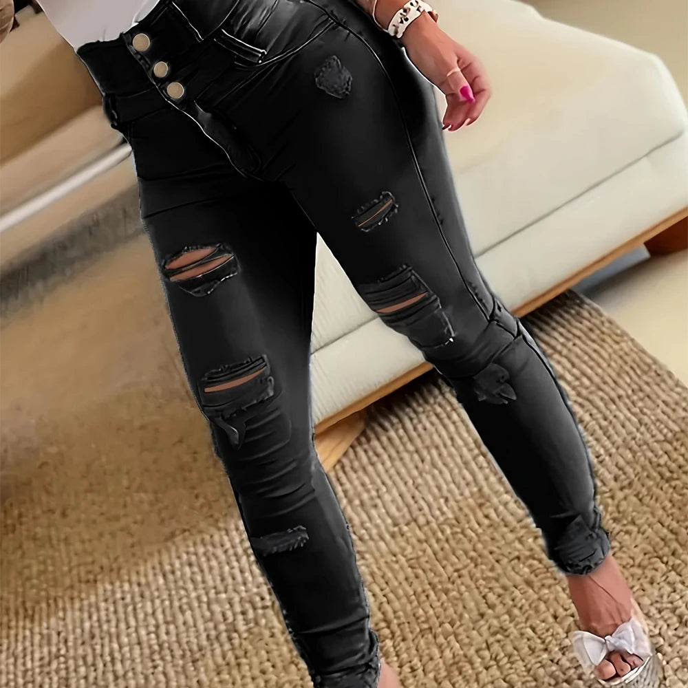 Amy Fashion - Ripped Holes Casual Skinny Slash Pockets Distressed Single-Breasted Button High Waist Denim Jean