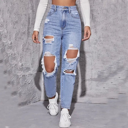 Amy Fashion - Ripped Straight Leg Women High Waist Loose Holes Casual High Streetwear Fashion Denim Jean