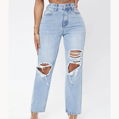 Amy Fashion - Ripped Women's Casual Fashion High Waist Straight Leg Loose Denim Ladies Streetwear Jean