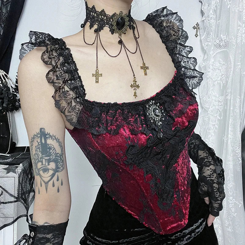 Bustier Lace Crop Gothic Tube Ruched Punk Patchwork Victorian Top