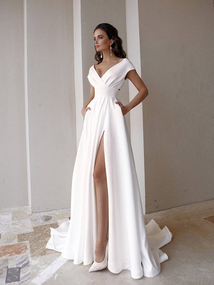 Amy Fashion - V-neck Short Sleeve Mopping Evening Wedding Dress