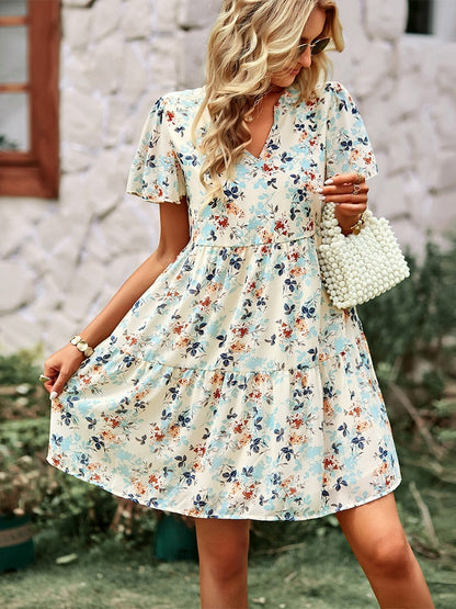 Amy Fashion - V Neck Short Sleeve Loose Chic Printed Dresses