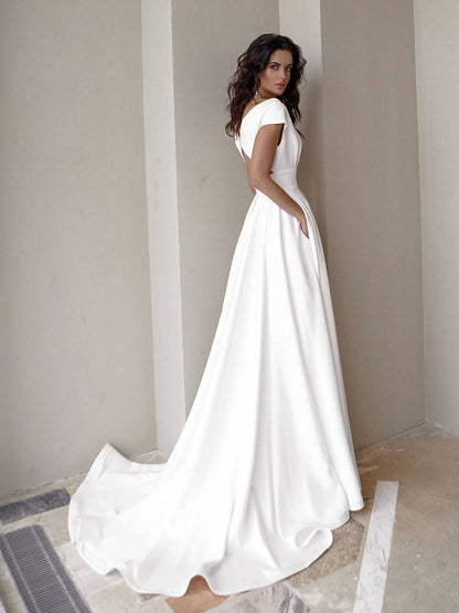 Amy Fashion - V-neck Short Sleeve Mopping Evening Wedding Dress