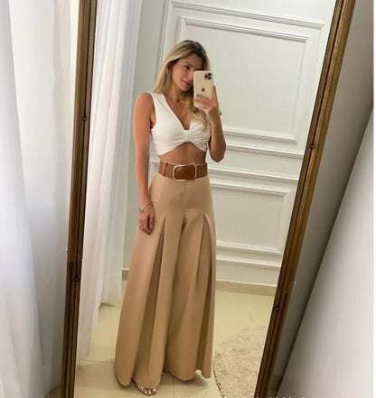 Solid Color Open Fold High Waist Wide Leg Elegant Pants