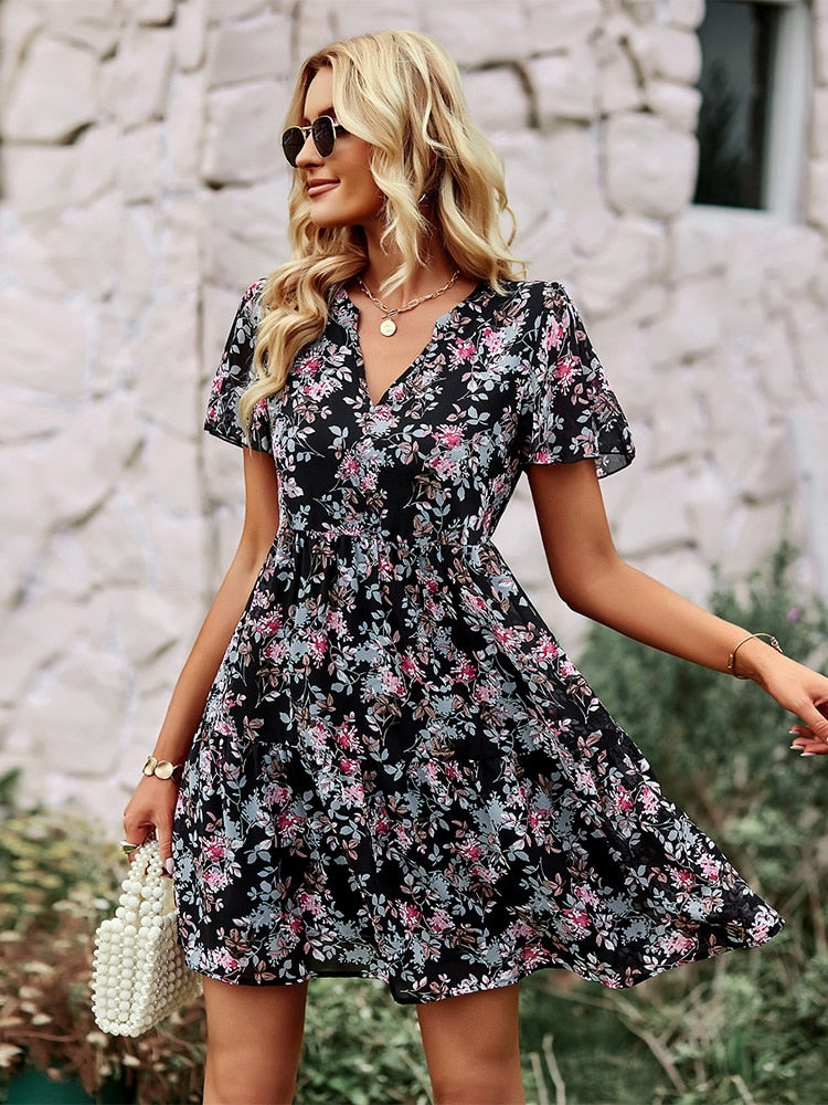 Amy Fashion - V Neck Short Sleeve Loose Chic Printed Dresses