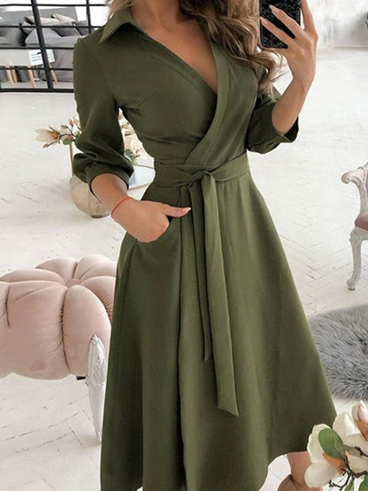 Amy Fashion - Long Sleeve V-neck Belt Pockets Casual Dress