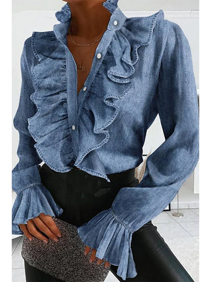 Plus Size Business Blue Ruffles Sexy V-Neck Denim Blouse