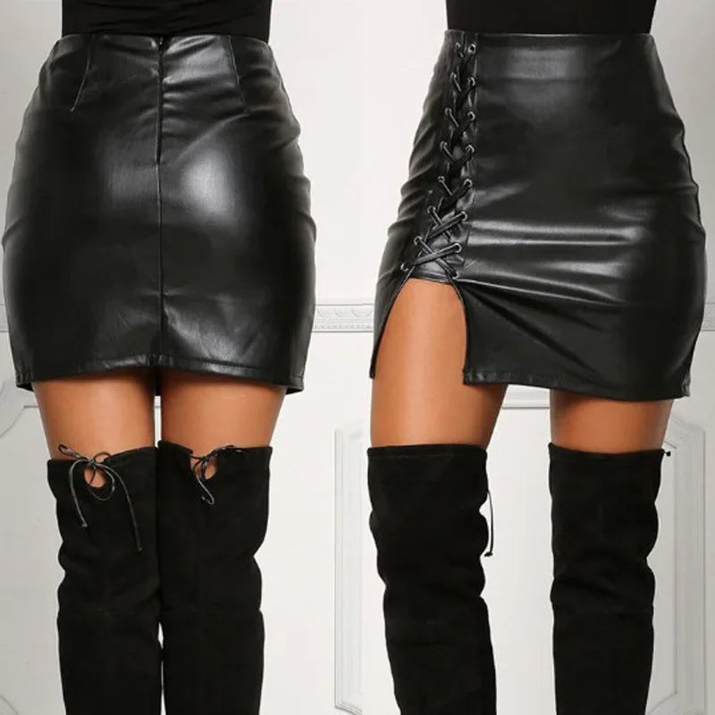 Sexy Girls Above Knee Black PU Leather High Waist Bodycon Front Split Mini Skirt