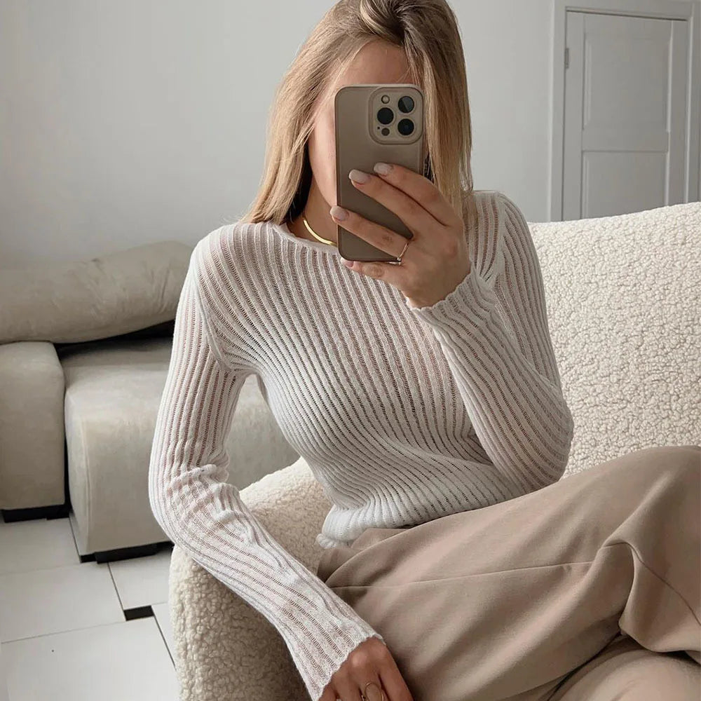 Hollow Out Fashion Sheer Long Sleeve Casual Streetwear Sweater