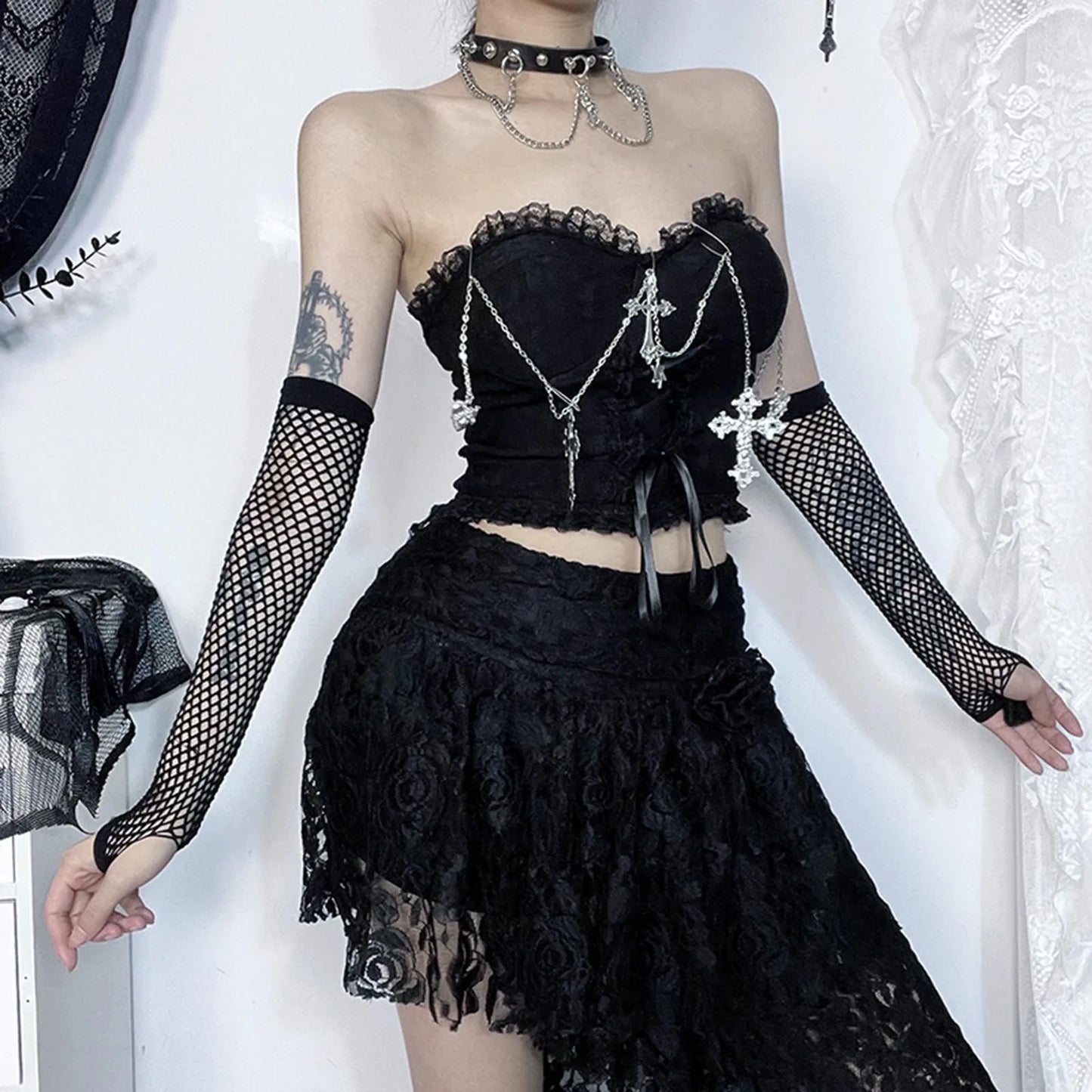 Sexy Dark Chain Top Gothic Wrapped Chest Top Tube Style Crop