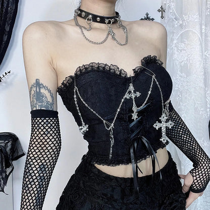 Sexy Dark Chain Top Gothic Wrapped Chest Top Tube Style Crop