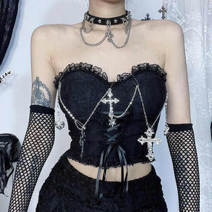 Sexy Dark Chain Top Gothic Wrapped Chest Top Tube Style Crop