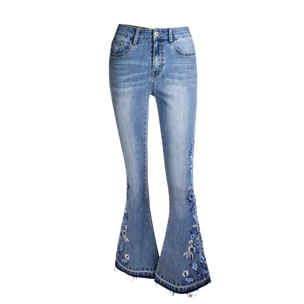 Amy Fashion - Size S-4XL Elastic Flower Embroidered Flare Denim Autumn Retro Style Bell Bottom Skinny Jean