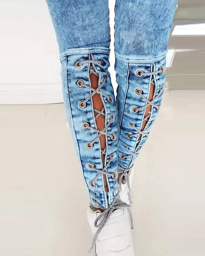 Amy Fashion - Slim-Fit Lace Up for Women Spring Autumn Fashion Streetwear Trousers Mid Waist Denim Pencil Pants Jean