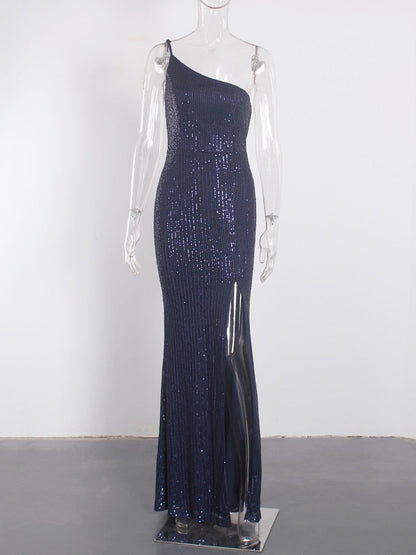 Amy Fashion - Slim Navy Blue One Shoulder Sequin Long Cocktail Dress