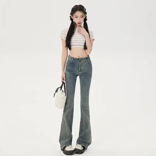 Amy Fashion - Small American Retro Micro Flared High Waisted Slim Versatile Floor Mop Jean