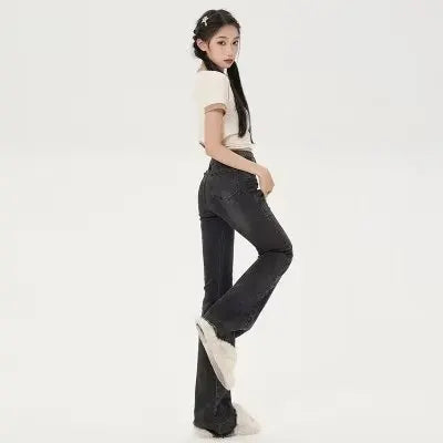 Amy Fashion - Small American Retro Micro Flared High Waisted Slim Versatile Floor Mop Jean