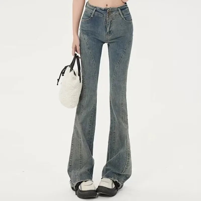 Amy Fashion - Small American Retro Micro Flared High Waisted Slim Versatile Floor Mop Jean