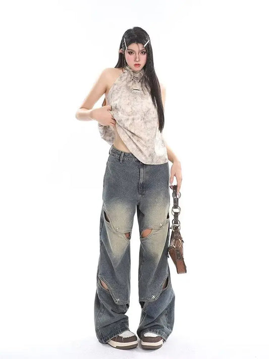 Amy Fashion - Small Crowd Deconstruction Design Sense High Street Wide Leg Trendy Brand Women's Jean