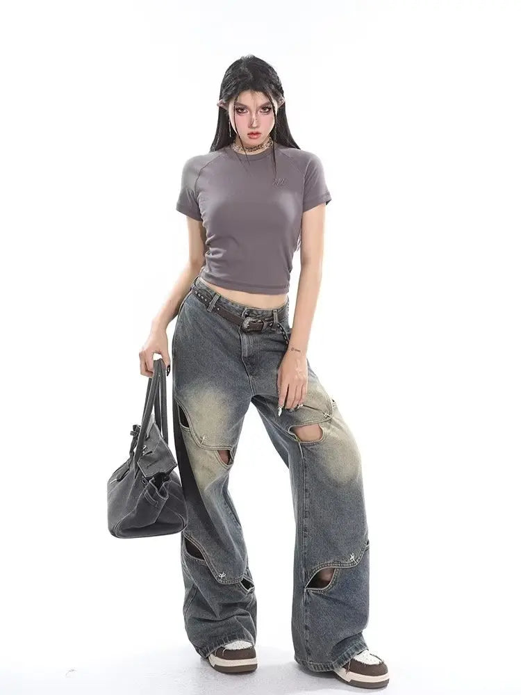 Amy Fashion - Small Crowd Deconstruction Design Sense High Street Wide Leg Trendy Brand Women's Jean