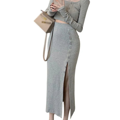 Solid Color Crop Top Sets Long Sleeve Crew Neck Tops Sexy Slit Split Slimming Bag Hip Skirt