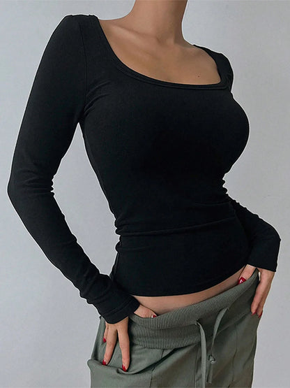 Scoop Neck Slim Fit Seamless Y2K Solid Color Tight Long Sleeve Crop Top