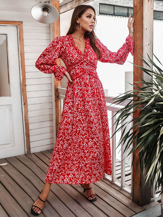 Amy Fashion - Slim High Waist V Neck Flare Sleeve Floral Maxi Dresses