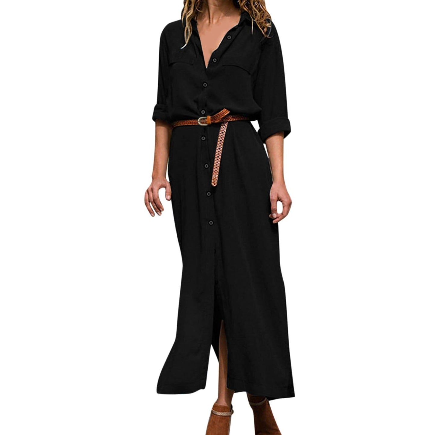 Amy Fashion - V Neck Boho Party Lacing Up Solid Long Maxi Dress