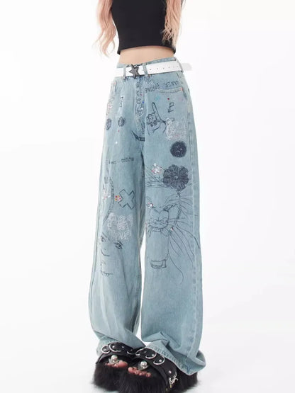 Amy Fashion - Spring and Autumn New Small Market Design Sense Personalized Print Graffiti Straight Women's Jean