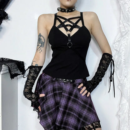 Spicy Girl Dark Style Elegant Pentagram Basic Strap Spring 2024 Women Crop Top