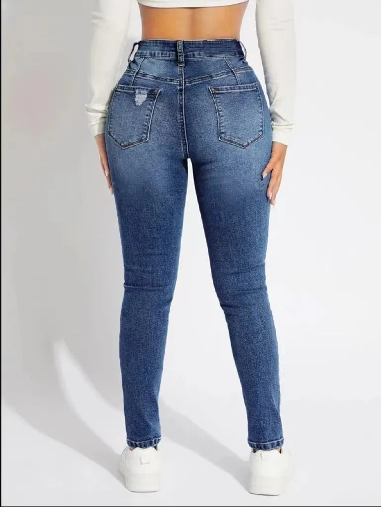 Amy Fashion - Stretch Skinny High Waist Ripped Butt Lifting Casual Slim Denim Jean