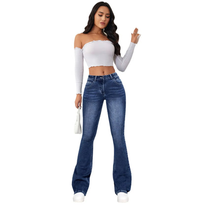 Amy Fashion - Stretch Slim Retro High Waist Stitching Washed Bell-Bottom Fashionable Stylish Elegant Jean