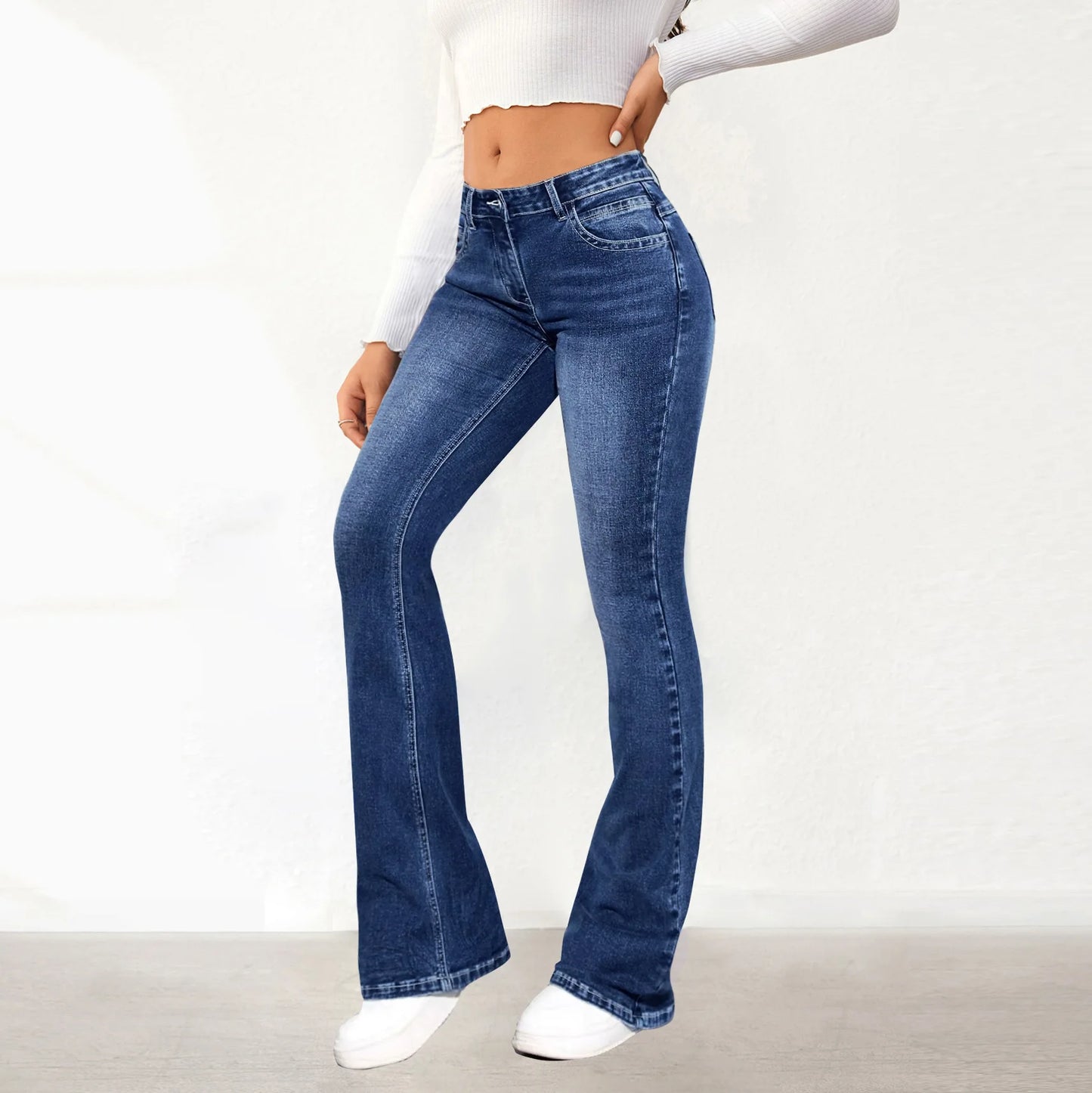 Amy Fashion - Stretch Slim Retro High Waist Stitching Washed Bell-Bottom Fashionable Stylish Elegant Jean