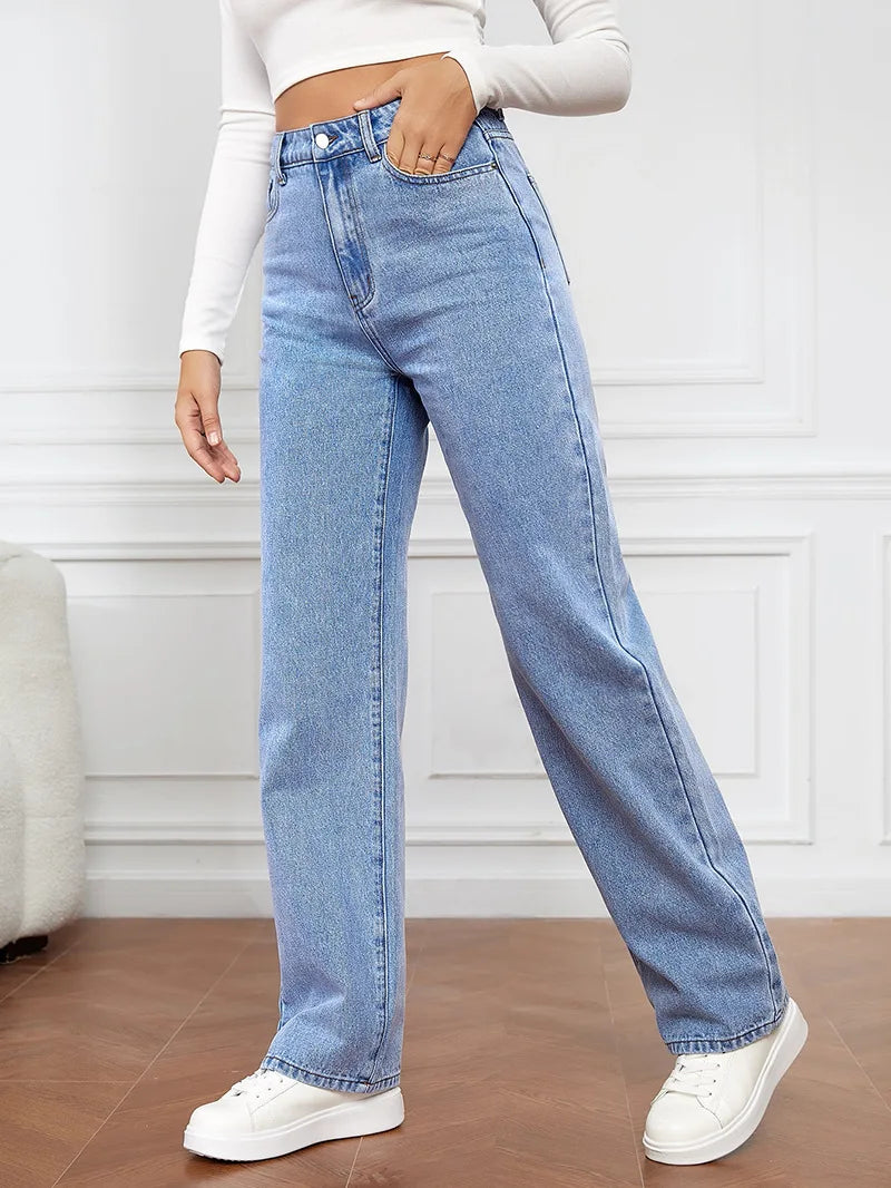 Amy Fashion - Stretch Straight-Leg Denim Trousers Women Loose Straight Washed Denim Pants Fashion Pants 2024 Fall Winter new Jean