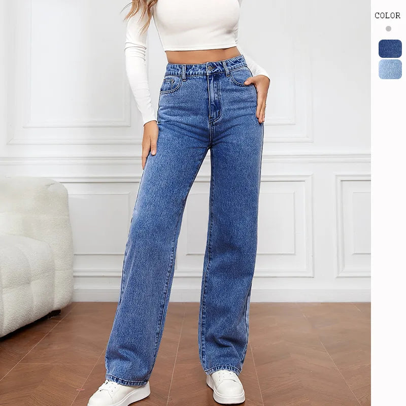 Amy Fashion - Stretch Straight-Leg Denim Trousers Women Loose Straight Washed Denim Pants Fashion Pants 2024 Fall Winter new Jean