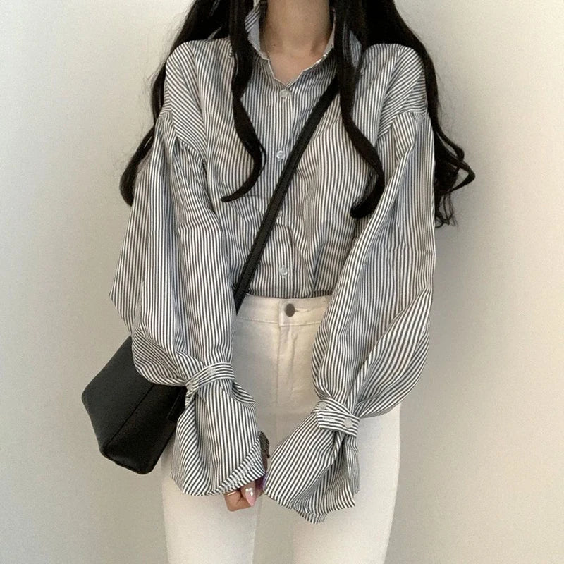 Stripe Loose Spring Retro Casual Elegant Lapel Leisure Blouse