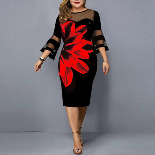 Amy Fashion - Elegant Mesh Bodycon Floral Print Party Dress