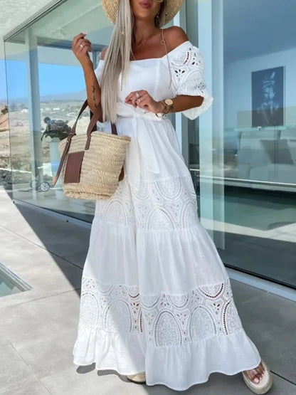 Amy Fashion - Lace Patchwork Loose Casual Beach Square Neck Boho Dress