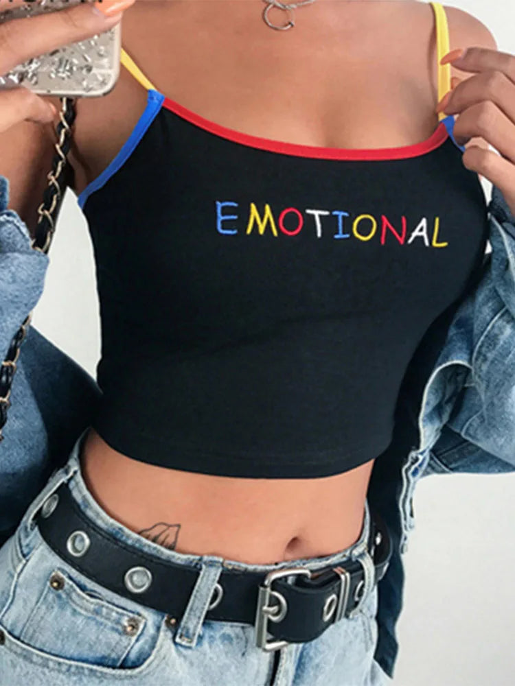 AMY FASHION - Cropped Spaghetti Strap EMOTIONAL Letter Tank Tops Crop Top