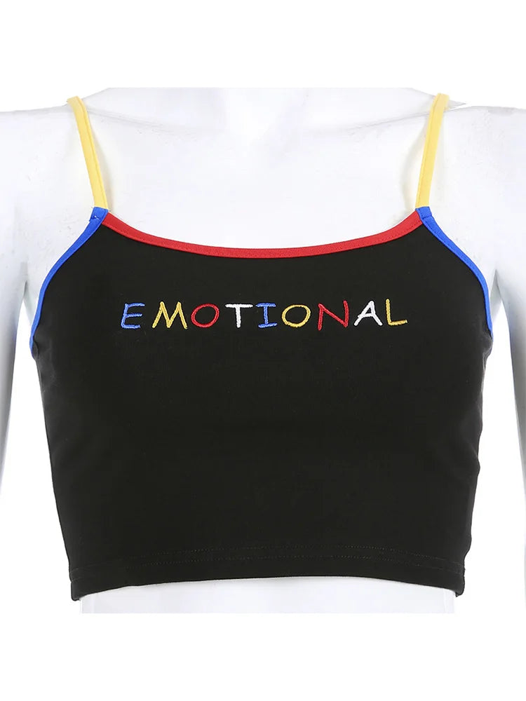 AMY - Cropped Spaghetti Strap Eomtional Letter Tank Tops Crop Top