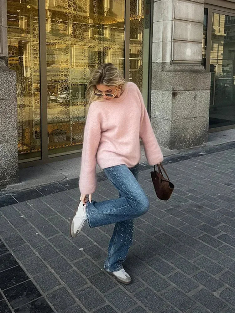 Sweet Pink Women Mohair Casual Loose O-neck Long Sleeve Knitted Pullover 2024 Autumn Stylish Sweater