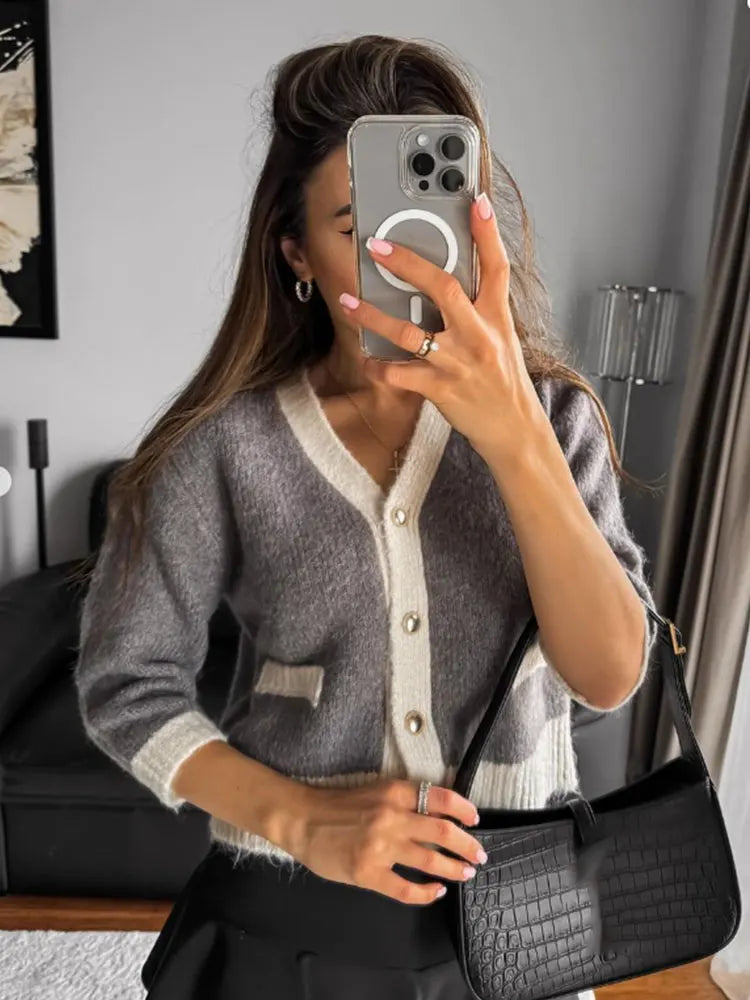 2024 Spring Grey White Patchwork Knitted Women Cardigan Jacket Half Sleeve Slim Buttons Cozy Sweater