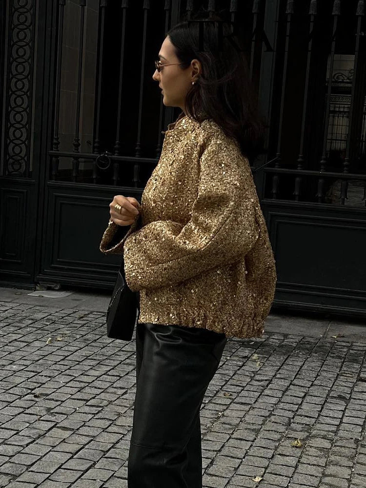 Gold Sequin Decoration Loose Short New Fashion Versatile Warm Chic Elegant Coat